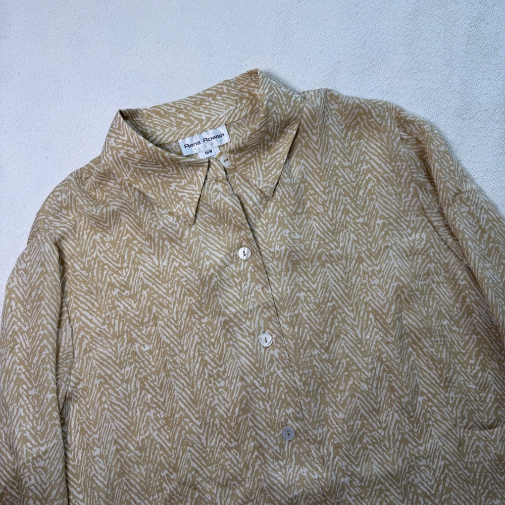 Rena Rowan Womens 16W Silk Blouse Tan White Chevron Print Button Down LongSleeve